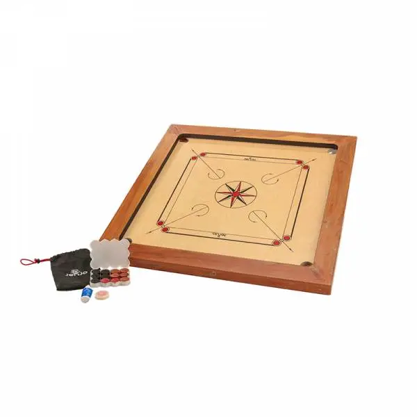 Close view of the board's playing surface, showing the marked circle and corner pockets.